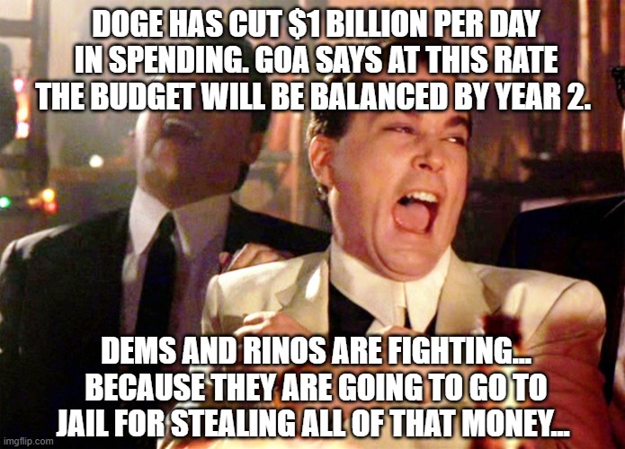 Good Fellas Hilarious Meme | DOGE HAS CUT $1 BILLION PER DAY IN SPENDING. GOA SAYS AT THIS RATE THE BUDGET WILL BE BALANCED BY YEAR 2. DEMS AND RINOS ARE FIGHTING... BECAUSE THEY ARE GOING TO GO TO JAIL FOR STEALING ALL OF THAT MONEY... | image tagged in memes,good fellas hilarious | made w/ Imgflip meme maker