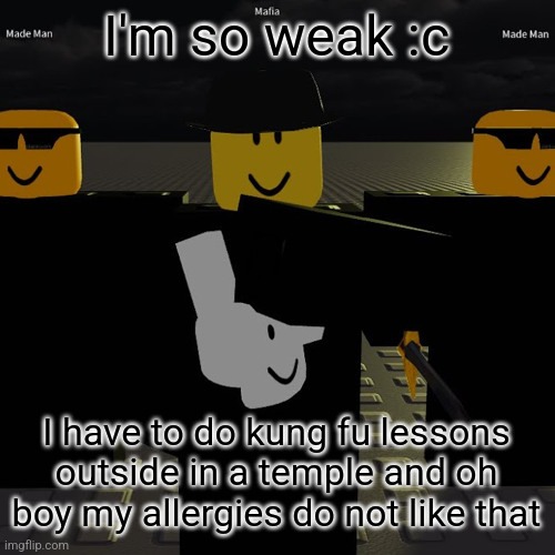 mafia | I'm so weak :c; I have to do kung fu lessons outside in a temple and oh boy my allergies do not like that | image tagged in mafia | made w/ Imgflip meme maker