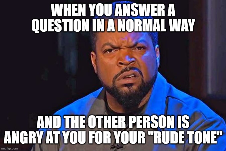 ice cube wtf face | WHEN YOU ANSWER A QUESTION IN A NORMAL WAY; AND THE OTHER PERSON IS ANGRY AT YOU FOR YOUR "RUDE TONE" | image tagged in ice cube wtf face | made w/ Imgflip meme maker