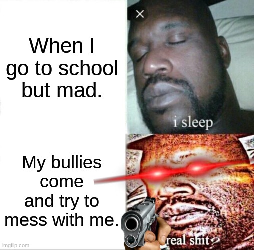 why does this always happen to me? | When I go to school but mad. My bullies come and try to mess with me. | image tagged in memes,sleeping shaq | made w/ Imgflip meme maker