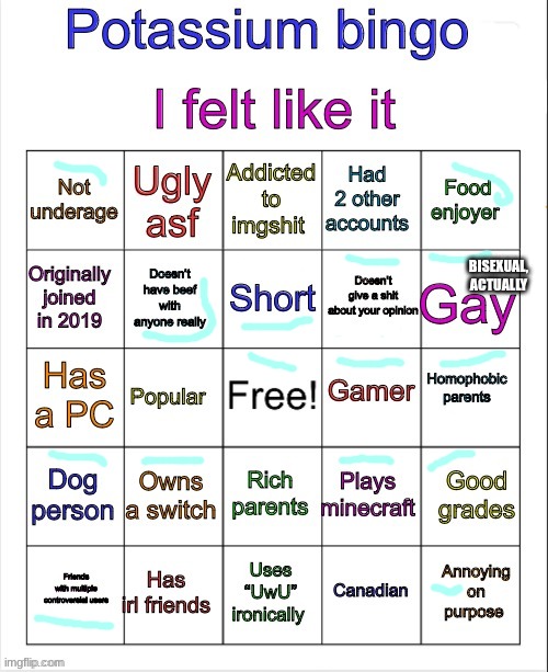 Potassium bingo v3 | BISEXUAL, ACTUALLY | image tagged in potassium bingo v3 | made w/ Imgflip meme maker