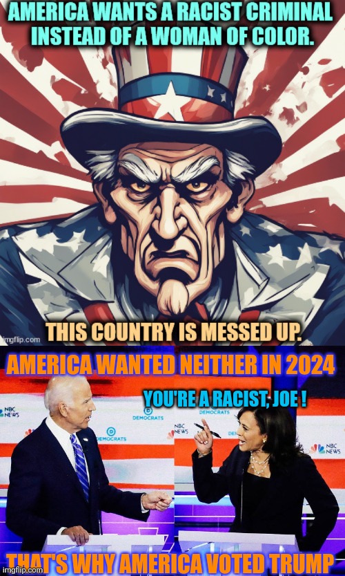 Propagandists hope that your attention span is shorter than their tempers. | AMERICA WANTED NEITHER IN 2024; YOU'RE A RACIST, JOE ! THAT'S WHY AMERICA VOTED TRUMP | image tagged in kamala harris attacks joe biden,comments disabled,propaganda,leftists,liberals,democrats | made w/ Imgflip meme maker