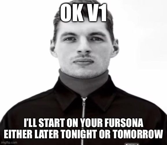 The silly robot is becoming a toaster :) | OK V1; I’LL START ON YOUR FURSONA EITHER LATER TONIGHT OR TOMORROW | image tagged in black and white max verstappen | made w/ Imgflip meme maker