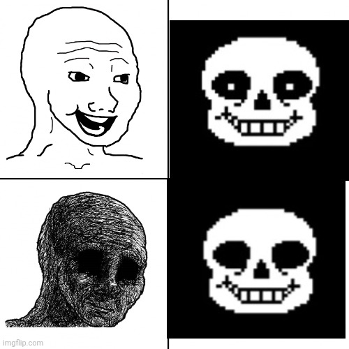 Idk why just 2 white dots make him less intimidating | image tagged in happy wojak vs depressed wojak,scary,meme,why are you reading the tags dumbass | made w/ Imgflip meme maker