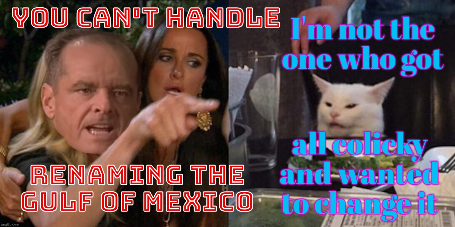 You can't handle the cat | YOU CAN'T HANDLE; I'm not the
one who got; RENAMING THE
GULF OF MEXICO; all colicky and wanted to change it | image tagged in you can't handle the cat | made w/ Imgflip meme maker