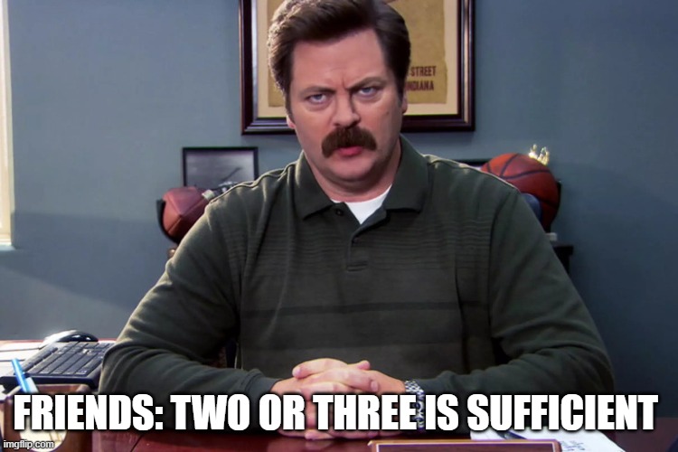 Ron on Friendship | FRIENDS: TWO OR THREE IS SUFFICIENT | image tagged in ron swanson,parks and recreation,friendship | made w/ Imgflip meme maker