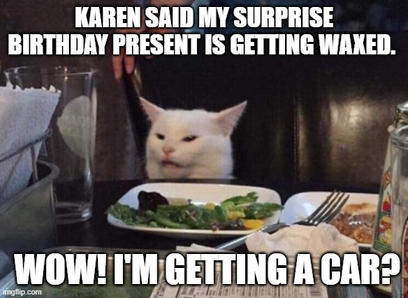 Birthday wax | KAREN SAID MY SURPRISE BIRTHDAY PRESENT IS GETTING WAXED. WOW! I'M GETTING A CAR? | image tagged in salad cat | made w/ Imgflip meme maker