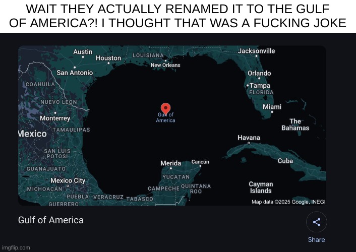 HOLY SHIT | WAIT THEY ACTUALLY RENAMED IT TO THE GULF OF AMERICA?! I THOUGHT THAT WAS A FUCKING JOKE | made w/ Imgflip meme maker