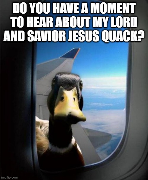 Wing Duck | DO YOU HAVE A MOMENT TO HEAR ABOUT MY LORD AND SAVIOR JESUS QUACK? | image tagged in duck on plane wing | made w/ Imgflip meme maker