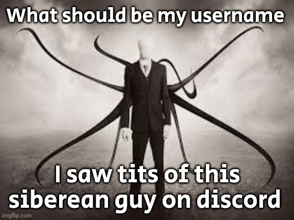 slenderman | What should be my username; I saw tits of this siberean guy on discord | image tagged in slenderman | made w/ Imgflip meme maker