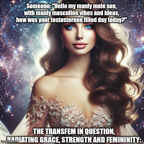 Someone: "Hello my manly male son, with manly masculine vibes and ideas, how was your testosterone filled day today?"; THE TRANSFEM IN QUESTION, RADIATING GRACE, STRENGTH AND FEMININITY: | made w/ Imgflip meme maker