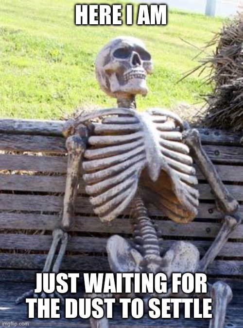 Waiting Skeleton | HERE I AM; JUST WAITING FOR THE DUST TO SETTLE | image tagged in memes,waiting skeleton | made w/ Imgflip meme maker