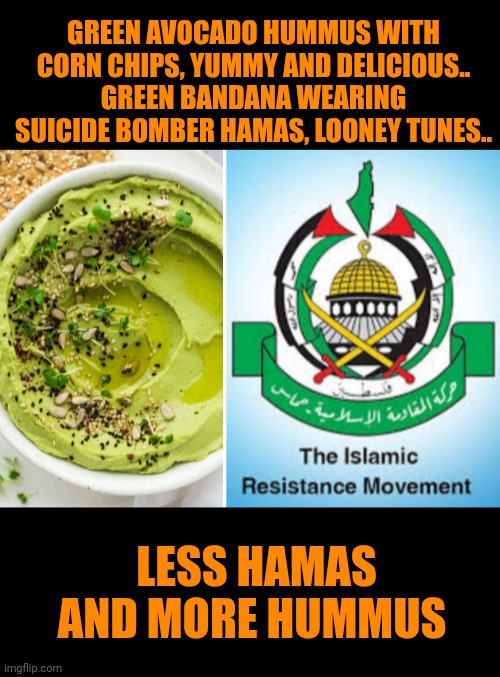 Funny | GREEN AVOCADO HUMMUS WITH CORN CHIPS, YUMMY AND DELICIOUS.. GREEN BANDANA WEARING SUICIDE BOMBER HAMAS, LOONEY TUNES.. LESS HAMAS AND MORE HUMMUS | image tagged in funny,food for thought,isis jihad terrorists,avocado,more,politics | made w/ Imgflip meme maker