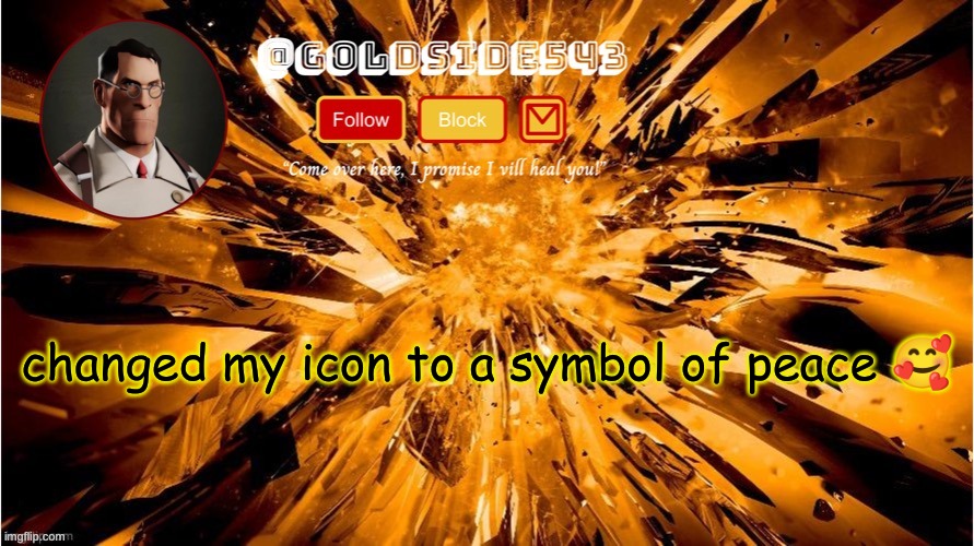 :) | changed my icon to a symbol of peace 🥰 | image tagged in gold's announcement template | made w/ Imgflip meme maker