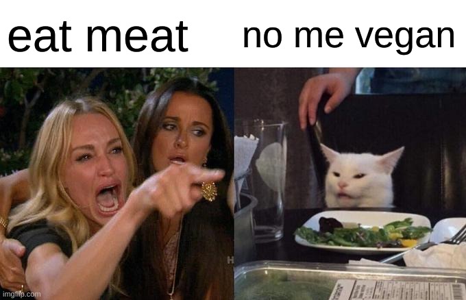 Woman Yelling At Cat | eat meat; no me vegan | image tagged in memes,woman yelling at cat | made w/ Imgflip meme maker