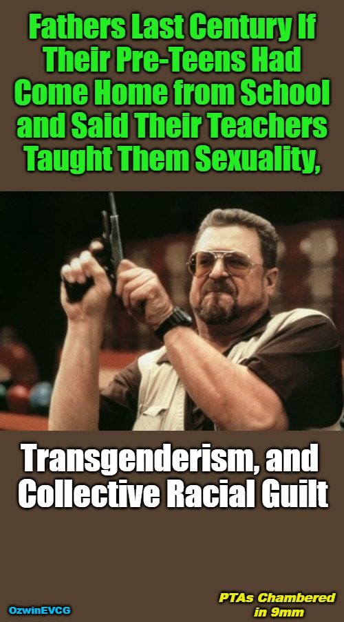 [NV] PTAs Chambered in 9mm [NV] | Fathers Last Century If 

Their Pre-Teens Had 

Come Home from School 

and Said Their Teachers 

Taught Them Sexuality, Transgenderism, and 

Collective Racial Guilt; PTAs Chambered 

in 9mm; OzwinEVCG | image tagged in memes,am i the only one around here,lgbtq,collective guilt,world occupied,war on children | made w/ Imgflip meme maker