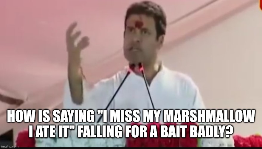 Rahul gandhi Aloo | HOW IS SAYING "I MISS MY MARSHMALLOW I ATE IT" FALLING FOR A BAIT BADLY? | image tagged in rahul gandhi aloo | made w/ Imgflip meme maker