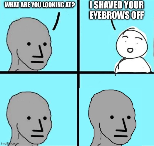 Do you get it? | I SHAVED YOUR EYEBROWS OFF; WHAT ARE YOU LOOKING AT? | image tagged in npc meme | made w/ Imgflip meme maker