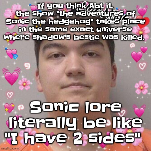 Larson | If you think Abt it, the show "the adventures of Sonic the hedgehog" takes place in the same exact universe where shadow's bestie was killed. Sonic lore literally be like "I have 2 sides" | image tagged in larson | made w/ Imgflip meme maker