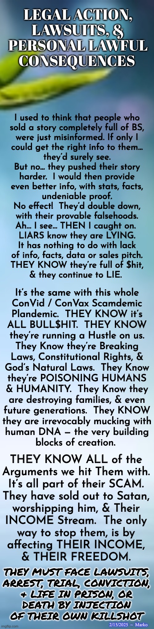 Evil Games by Evil People | LEGAL ACTION,
LAWSUITS, &
PERSONAL LAWFUL
CONSEQUENCES; I used to think that people who
sold a story completely full of BS,
were just misinformed. If only I
could get the right info to them…
they’d surely see.

But no… they pushed their story
harder.  I would then provide
even better info, with stats, facts,
undeniable proof.
No effect!  They’d double down,
with their provable falsehoods.
Ah… I see… THEN I caught on. 
LIARS know they are LYING.
It has nothing to do with lack
of info, facts, data or sales pitch.
THEY KNOW they’re full of $hit,
& they continue to LIE. It’s the same with this whole
ConVid / ConVax Scamdemic
Plandemic.  THEY KNOW it’s
ALL BULL$HIT.  THEY KNOW
they’re running a Hustle on us.
They Know they’re Breaking
Laws, Constitutional Rights, &
God’s Natural Laws.  They Know
they’re POISONING HUMANS
& HUMANITY.  They Know they
are destroying families, & even
future generations.  They KNOW
they are irrevocably mucking with
human DNA — the very building
blocks of creation. THEY KNOW ALL of the
Arguments we hit Them with.
It’s all part of their SCAM.

They have sold out to Satan,
worshipping him, & Their
INCOME Stream.  The only
way to stop them, is by
affecting THEIR INCOME,
& THEIR FREEDOM. THEY MUST FACE LAWSUITS,
ARREST, TRIAL, CONVICTION,
& LIFE IN PRISON, OR
DEATH BY INJECTION
OF THEIR OWN KILLSHOT; 2/15/2025  ~  Marko | image tagged in memes,theyr still running their hustle,truth wont stop them,justice n consequences will,we must stop playing nice | made w/ Imgflip meme maker