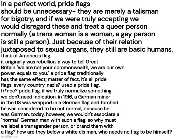 in a perfect world, pride flags should be unnecessary- they are merely a talisman for bigotry, and if we were truly accepting we would disregard these and treat a queer person  normally (a trans woman is a woman, a gay person is still a person). Just because of their relation juxtaposed to sexual organs, they still are basic humans. think of America's flag. it originally was rebellion, a way to tell Great Britain "we are not your commonwealth, we are our own power. equals to you." a pride flag traditionally has the same effect; matter of fact, it's all pride flags. every country. nazis? used a pride flag. fr*nce? pride flag. if we truly normalize something, we don't need indication. in 1916, a German miner in the US was wrapped in a German flag and torched. he was considered to be not normal, because he was German. today, however, we wouldn't associate a "normal" German man with such a flag. so why must we label a transgender person, or brand them with a flag? how are they below a white cis man, who needs no flag to be himself? | image tagged in food for thought,lgbtq,gay pride flag,flags | made w/ Imgflip meme maker