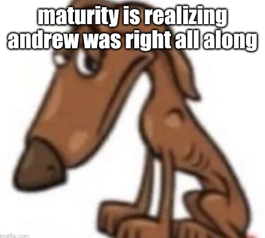 sad dog | maturity is realizing andrew was right all along | image tagged in sad dog | made w/ Imgflip meme maker