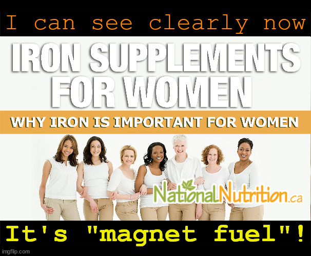 "Chick magnets" rely on this suppliment. How irony... don't block me | I can see clearly now; It's "magnet fuel"! | image tagged in iron,nutrition,attraction,adverts,irony,bad puns | made w/ Imgflip meme maker