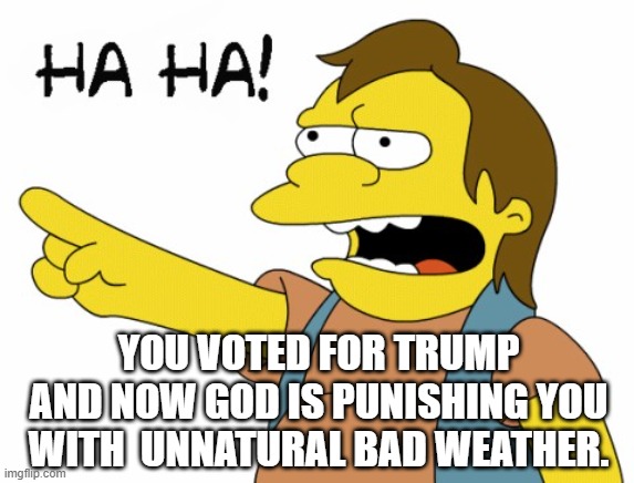 HA HA | YOU VOTED FOR TRUMP AND NOW GOD IS PUNISHING YOU WITH  UNNATURAL BAD WEATHER. | image tagged in ha ha | made w/ Imgflip meme maker