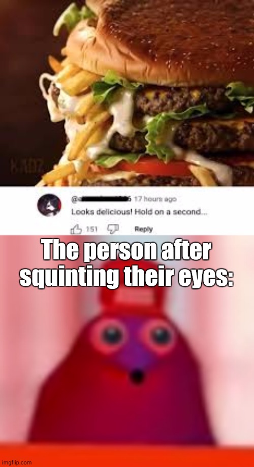 Hold On a Second | The person after squinting their eyes: | image tagged in dark humor,burger | made w/ Imgflip meme maker