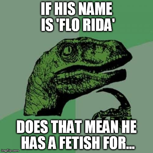 flo rider | IF HIS NAME IS 'FLO RIDA' DOES THAT MEAN HE HAS A FETISH FOR... | image tagged in memes,philosoraptor,florida,flow,rider | made w/ Imgflip meme maker
