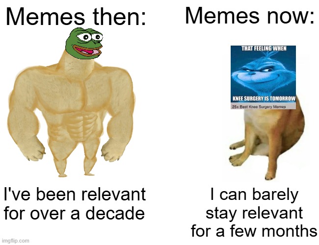 Real | Memes then:; Memes now:; I can barely stay relevant for a few months; I've been relevant for over a decade | made w/ Imgflip meme maker