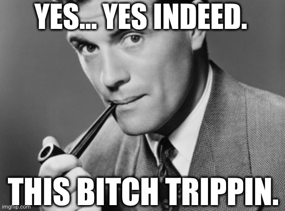 Man smoking pipe | YES... YES INDEED. THIS BITCH TRIPPIN. | image tagged in man smoking pipe,bitches be trippin,women lol,women,bitches be tripping | made w/ Imgflip meme maker