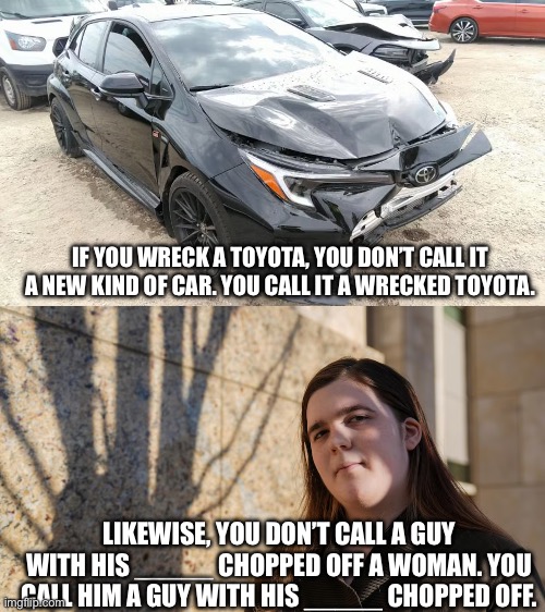 Messing something up doesn’t change its essence | IF YOU WRECK A TOYOTA, YOU DON’T CALL IT A NEW KIND OF CAR. YOU CALL IT A WRECKED TOYOTA. LIKEWISE, YOU DON’T CALL A GUY WITH HIS _____ CHOPPED OFF A WOMAN. YOU CALL HIM A GUY WITH HIS _____ CHOPPED OFF. | image tagged in transgender,tranny,trans,transgender bathroom,tired of hearing about transgenders | made w/ Imgflip meme maker