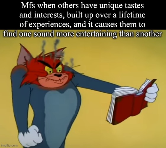. | Mfs when others have unique tastes and interests, built up over a lifetime of experiences, and it causes them to find one sound more entertaining than another | image tagged in angry tom | made w/ Imgflip meme maker