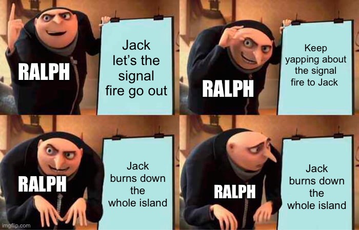 Gru's Plan | Keep yapping about the signal fire to Jack; Jack let’s the signal fire go out; RALPH; RALPH; Jack burns down the whole island; Jack burns down the whole island; RALPH; RALPH | image tagged in memes,gru's plan | made w/ Imgflip meme maker