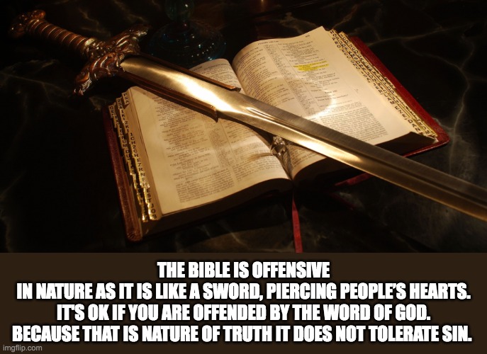 Word of God | THE BIBLE IS OFFENSIVE IN NATURE AS IT IS LIKE A SWORD, PIERCING PEOPLE’S HEARTS.
IT'S OK IF YOU ARE OFFENDED BY THE WORD OF GOD.
BECAUSE THAT IS NATURE OF TRUTH IT DOES NOT TOLERATE SIN. | image tagged in holy bible,sword | made w/ Imgflip meme maker