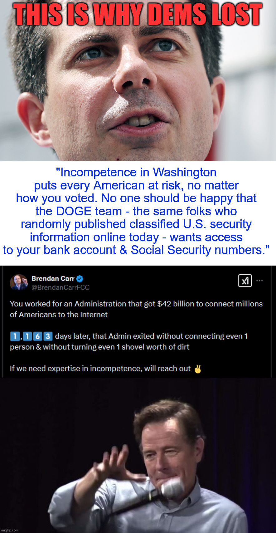 This is why dems lost... INCOMPETENCE | THIS IS WHY DEMS LOST; "Incompetence in Washington puts every American at risk, no matter how you voted. No one should be happy that the DOGE team - the same folks who randomly published classified U.S. security information online today - wants access to your bank account & Social Security numbers." | image tagged in buttegieg mouse,mic drop,dem,incompetence | made w/ Imgflip meme maker