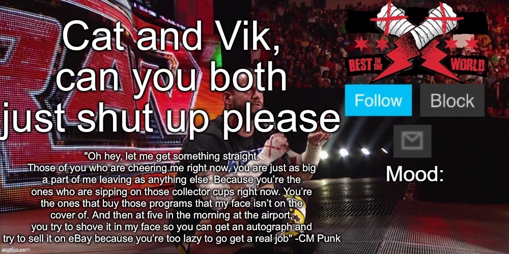 Cheez's CM Punk template | Cat and Vik, can you both just shut up please | image tagged in cheez's cm punk template | made w/ Imgflip meme maker