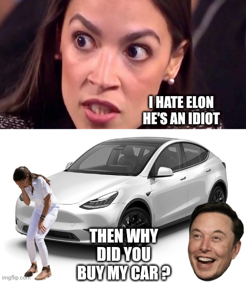 Lefty Loses Again | I HATE ELON
HE'S AN IDIOT; THEN WHY DID YOU BUY MY CAR ? | image tagged in aoc mad,tesla model y,democrats,liberals | made w/ Imgflip meme maker