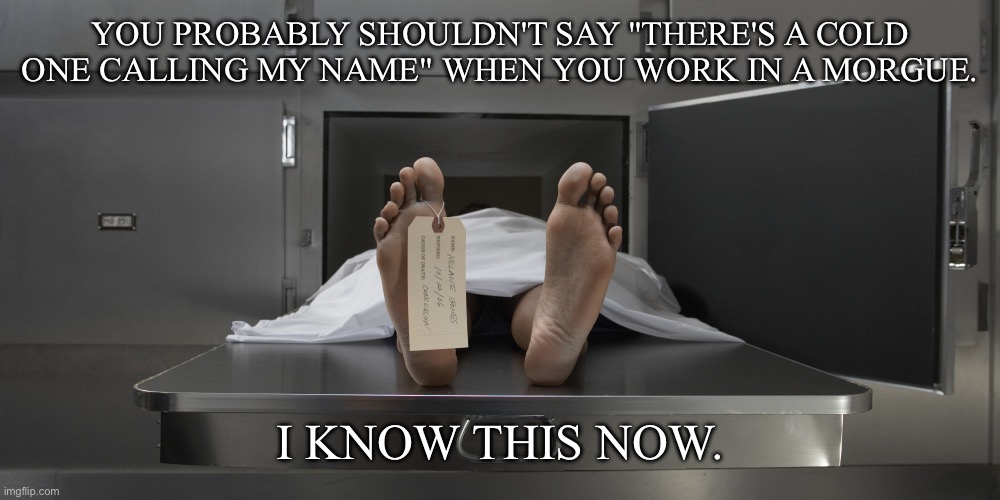 I did my job | YOU PROBABLY SHOULDN'T SAY "THERE'S A COLD ONE CALLING MY NAME" WHEN YOU WORK IN A MORGUE. I KNOW THIS NOW. | image tagged in morgue feet,work,cold | made w/ Imgflip meme maker