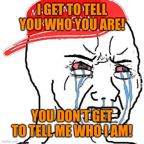 Crying wojak maga | I GET TO TELL YOU WHO YOU ARE! YOU DON'T GET TO TELL ME WHO I AM! | image tagged in crying wojak maga | made w/ Imgflip meme maker