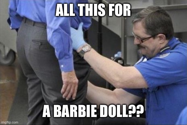 tsa security pat down | ALL THIS FOR A BARBIE DOLL?? | image tagged in tsa security pat down | made w/ Imgflip meme maker