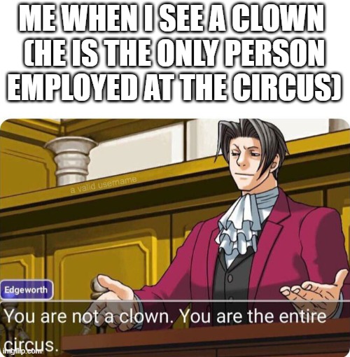 Please fix my sense of humor | ME WHEN I SEE A CLOWN 
(HE IS THE ONLY PERSON EMPLOYED AT THE CIRCUS) | image tagged in you are not a clown you are the entire circus,memes,unfunny,antimeme | made w/ Imgflip meme maker