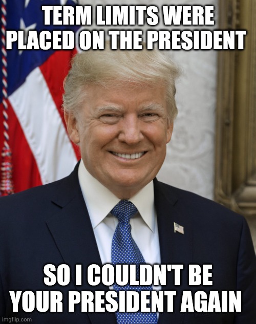 Donald J. Trump | TERM LIMITS WERE PLACED ON THE PRESIDENT SO I COULDN'T BE YOUR PRESIDENT AGAIN | image tagged in donald j trump | made w/ Imgflip meme maker