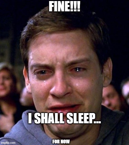 Us night owls when parents say its time for bed | FINE!!! I SHALL SLEEP... FOR NOW | image tagged in crying peter parker | made w/ Imgflip meme maker