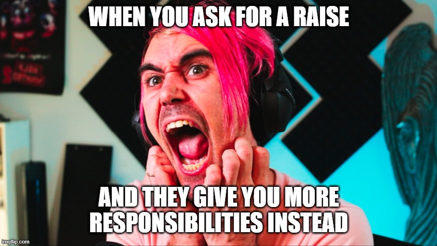 funny shocked | WHEN YOU ASK FOR A RAISE; AND THEY GIVE YOU MORE RESPONSIBILITIES INSTEAD | image tagged in this was not what i wanted | made w/ Imgflip meme maker