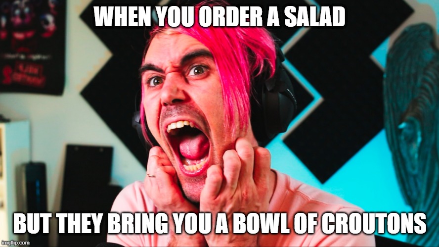 funny shocked | WHEN YOU ORDER A SALAD; BUT THEY BRING YOU A BOWL OF CROUTONS | image tagged in this was not what i wanted | made w/ Imgflip meme maker