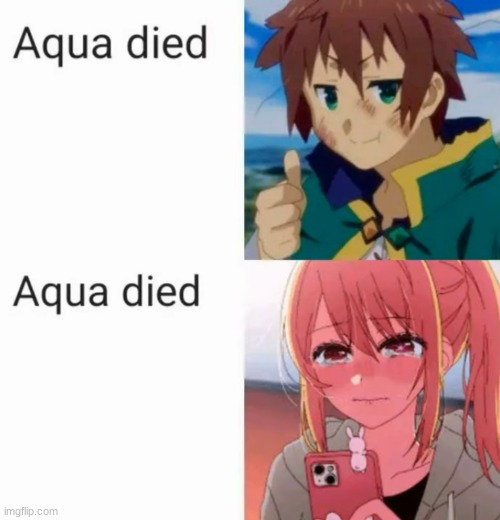 image tagged in konosuba,oshi no ko,aqua,kazuma,ruby | made w/ Imgflip meme maker