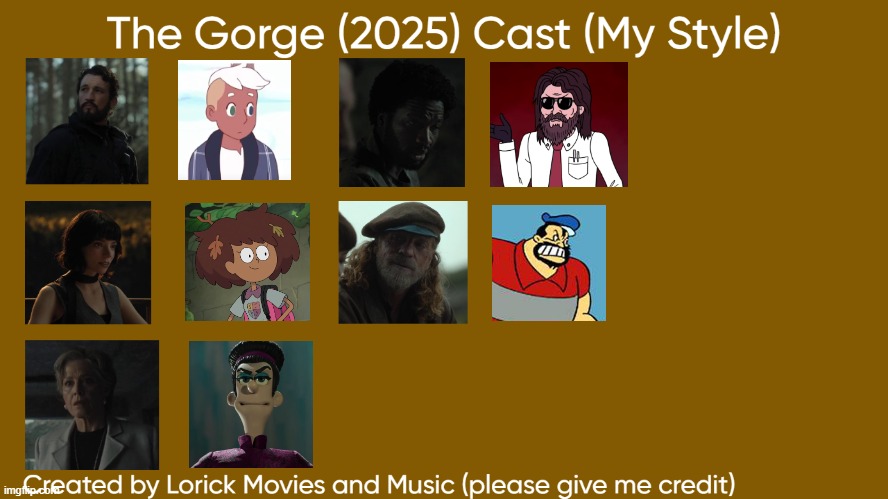 The Gorge (2025) Cast (My Style) | image tagged in the gorge 2025 cast my style,meme,the gorge,memes,spoof cast,characters | made w/ Imgflip meme maker