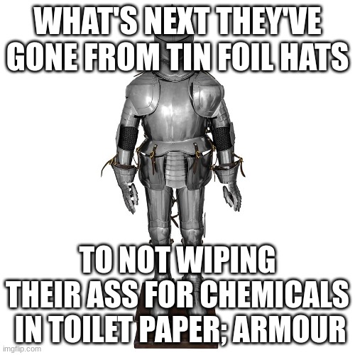 Conspiracy theorist vs. Critical thinkers | WHAT'S NEXT THEY'VE GONE FROM TIN FOIL HATS; TO NOT WIPING THEIR ASS FOR CHEMICALS
 IN TOILET PAPER; ARMOUR | image tagged in conspiracy theories,tin foil hat | made w/ Imgflip meme maker